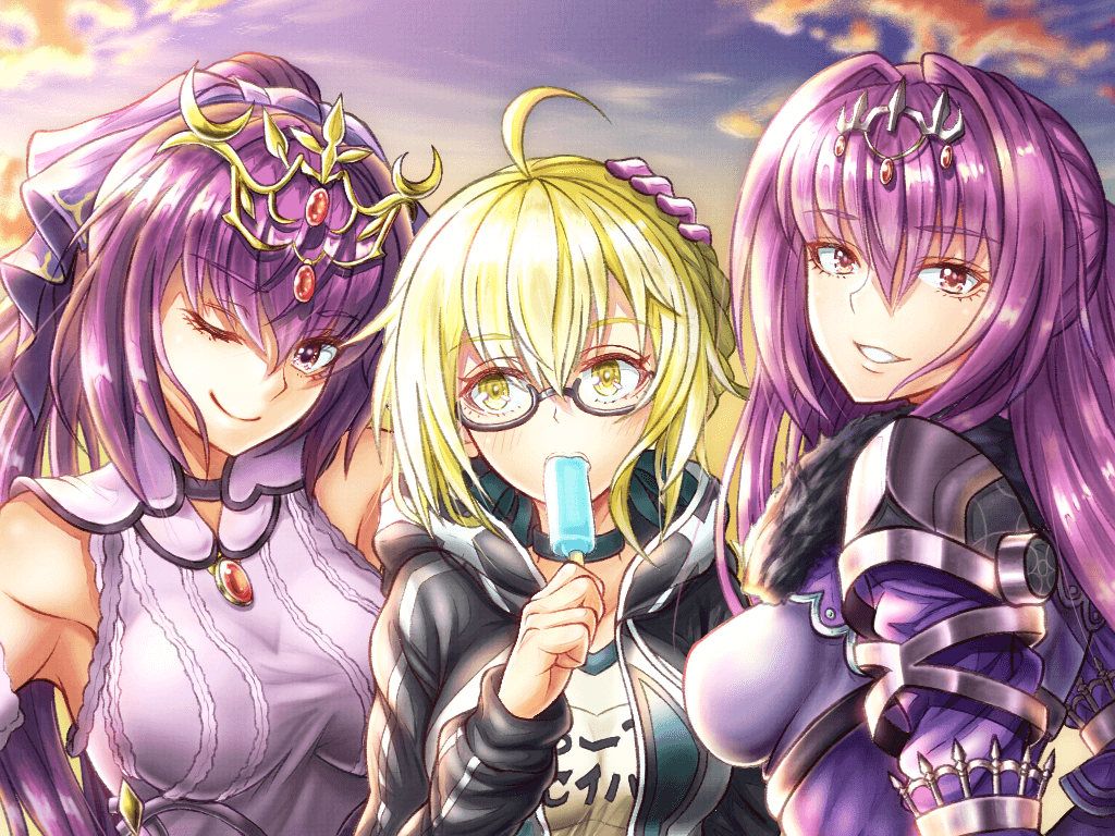 3girls ;) ahoge artoria_pendragon_(all) black-framed_eyewear blonde_hair blue_sky bow breasts brown_eyes clouds day diadem donkikong_(pixiv17278003) dress eyebrows_visible_through_hair fate/grand_order fate_(series) floating_hair food glasses gloves grin hair_between_eyes hair_bow hand_on_another's_head head_tilt holding holding_food ice_cream long_hair looking_at_viewer looking_to_the_side medium_breasts multiple_girls mysterious_heroine_x_(alter) one_eye_closed outdoors purple_dress purple_gloves purple_hair scathach_(fate)_(all) scathach_(fate/grand_order) semi-rimless_eyewear shiny shiny_hair short_hair shoulder_armor sky sleeveless smile spaulders under-rim_eyewear upper_body white_bow yellow_eyes