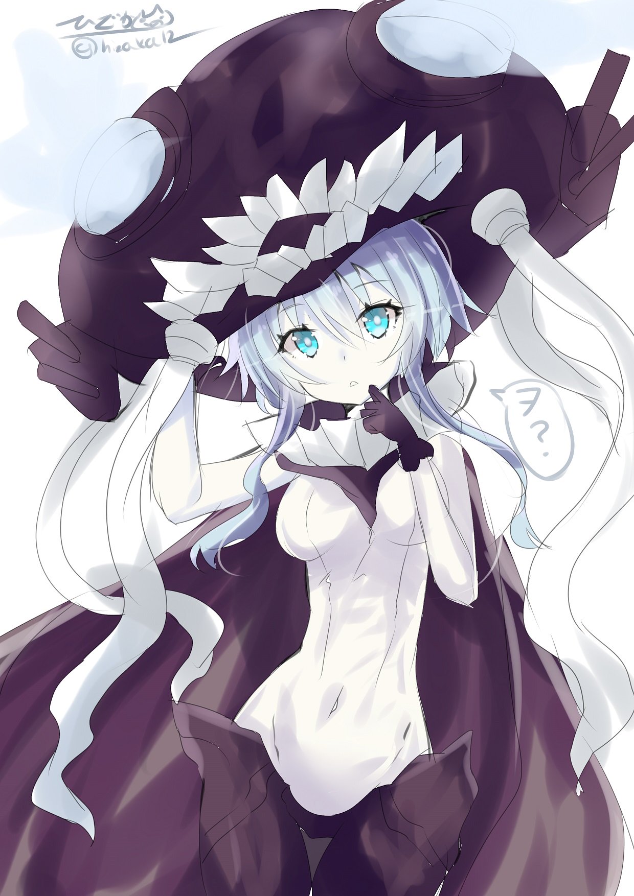 1girl aqua_eyes black_gloves bodysuit breasts cane cannon eyebrows_visible_through_hair gloves glowing glowing_eyes hair_between_eyes hair_ornament hat headgear highres hizaka kantai_collection looking_at_viewer medium_breasts monster pale_skin shinkaisei-kan short_hair_with_long_locks silver_hair simple_background solo teeth tentacle turret white_background wo-class_aircraft_carrier