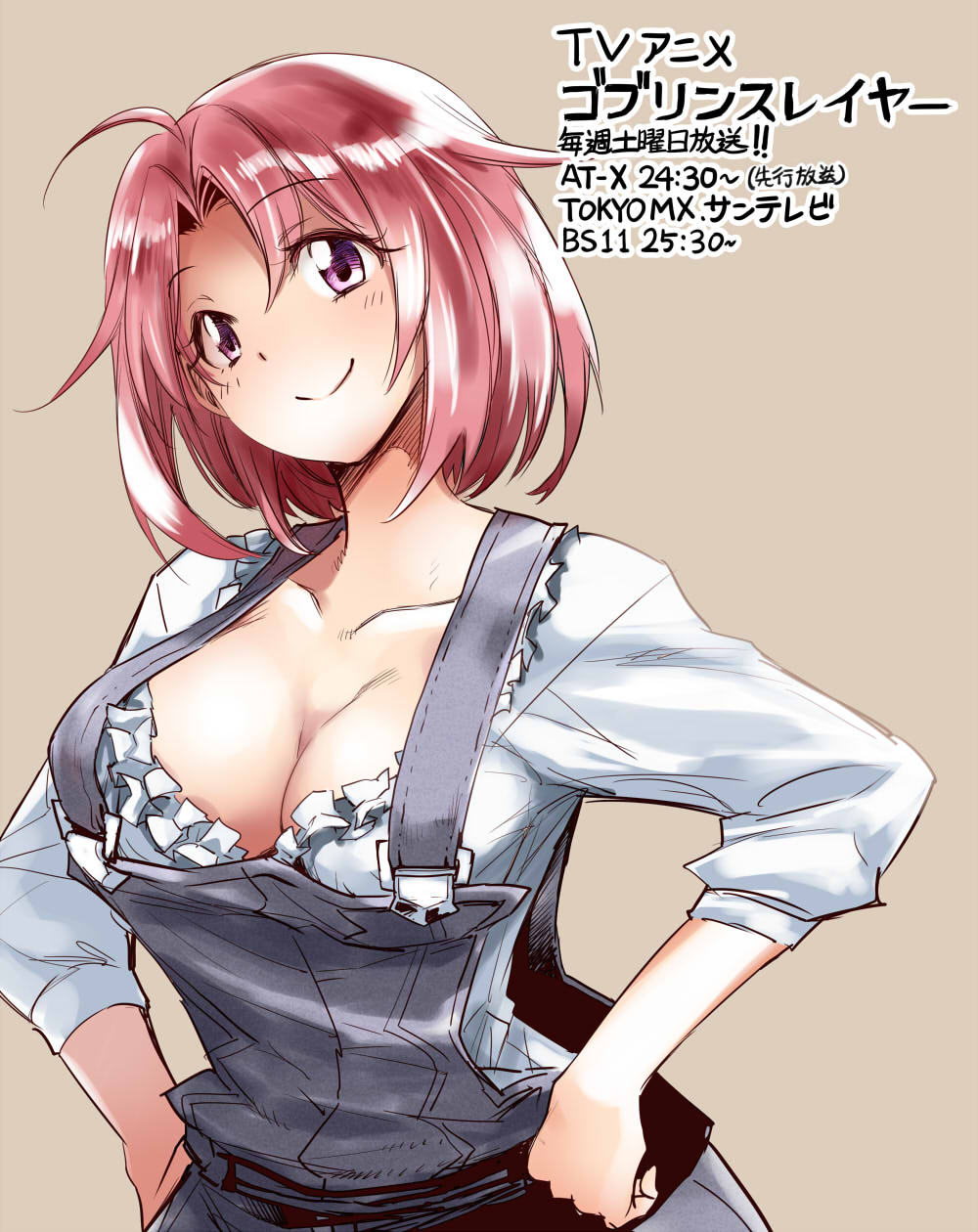 1girl ahoge breasts cleavage collarbone cow_girl_(goblin_slayer!) eyebrows_visible_through_hair frills goblin_slayer! highres kurose_kousuke large_breasts long_sleeves official_art overalls pink_hair solo suspenders text_focus translation_request violet_eyes