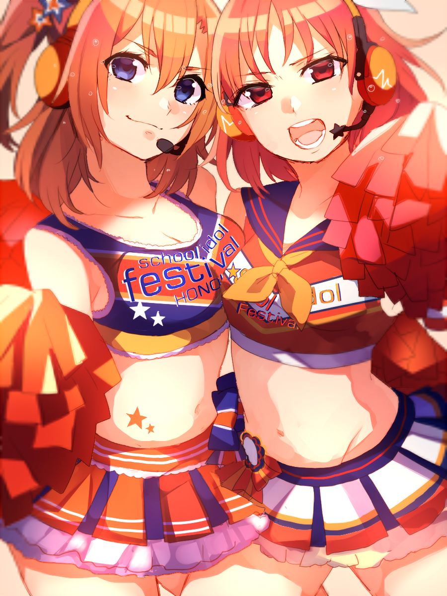 2girls bare_arms bare_shoulders blue_eyes bow breast_press breasts cheerleader cleavage hair_bow headset highres kousaka_honoka looking_at_viewer love_live! love_live!_school_idol_festival love_live!_school_idol_project mashiro_(rikuya) medium_breasts microphone multiple_girls navel necktie one_side_up open_mouth orange_hair red_eyes short_hair small_breasts smile star takami_chika tattoo yellow_bow yellow_neckwear