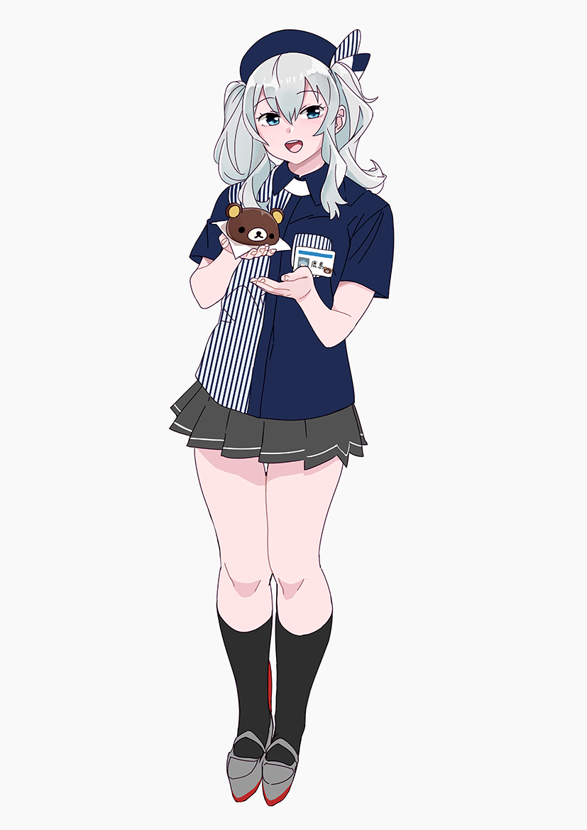 1girl :d aqua_eyes bangs beret black_hat black_legwear blue_hat collared_shirt commentary_request crossover employee_uniform food food_request full_body grey_background grey_footwear grey_skirt hat holding kantai_collection kashima_(kantai_collection) kneehighs lawson legs long_hair looking_at_viewer miniskirt name_tag ojipon open_mouth pinstripe_pattern pinstripe_shirt platform_footwear pleated_skirt rilakkuma san-x shirt short_sleeves showing sidelocks silver_hair simple_background single_horizontal_stripe skirt smile solo standing striped thigh_gap twintails uniform wavy_hair wing_collar