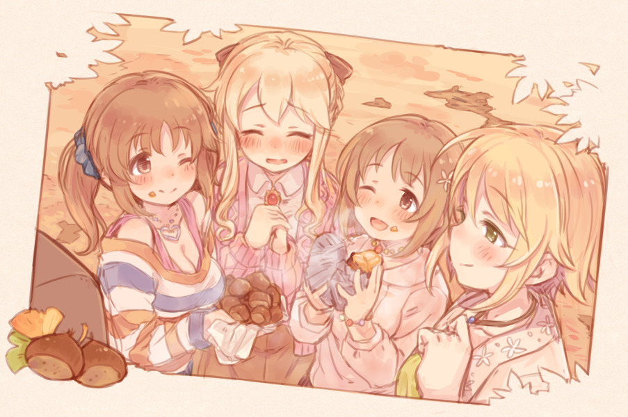 4girls 7010 ;) ;d ^_^ blonde_hair blush brown_eyes brown_hair clarice_(idolmaster) closed_eyes closed_eyes commentary_request food food_on_face food_request green_eyes hands_together heart heart_necklace idolmaster idolmaster_cinderella_girls long_hair mimura_kanako multiple_girls one_eye_closed open_mouth short_hair smile steam totoki_airi umeki_otoha