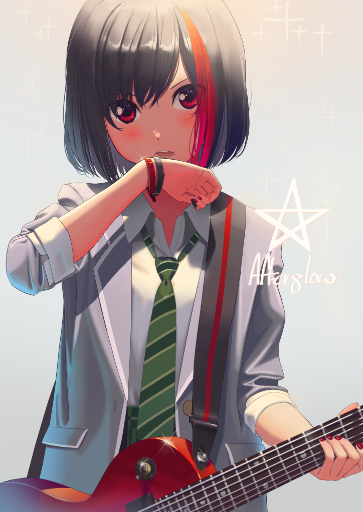 1girl bang_dream! bangs black_hair blazer blush bob_cut bracelet collared_shirt commentary_request electric_guitar green_neckwear grey_jacket group_name guitar hand_to_own_mouth hand_up haneoka_school_uniform instrument jacket jewelry looking_at_viewer mitake_ran multicolored_hair nail_polish necktie open_mouth plectrum poligon_(046) red_eyes red_nails redhead school_uniform shirt short_hair sleeves_folded_up solo sparkle streaked_hair striped_neckwear upper_body upper_teeth v-shaped_eyebrows white_shirt