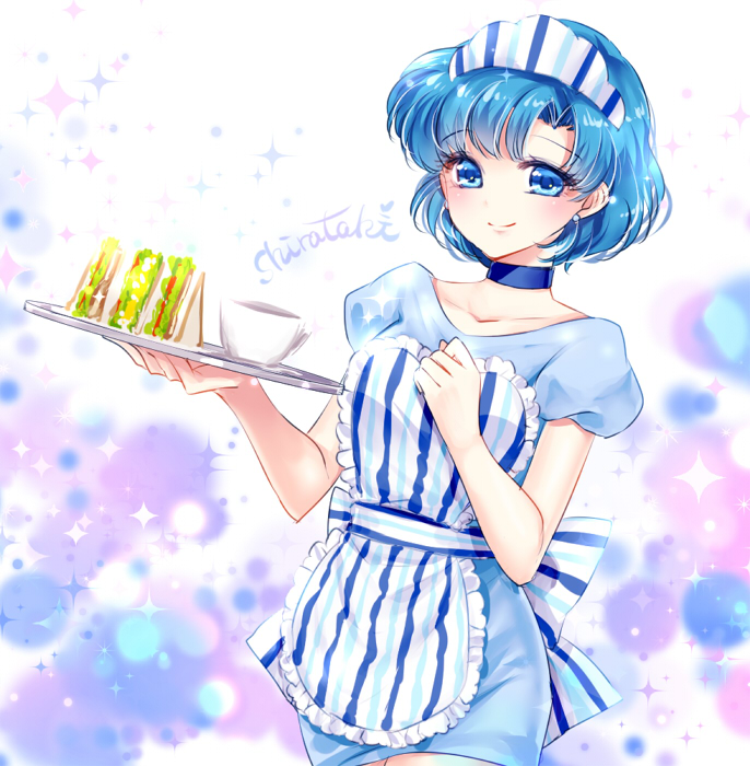 1girl apron bishoujo_senshi_sailor_moon blue_dress blue_eyes blue_hair breasts choker collarbone cowboy_shot dress frilled_apron frills holding looking_at_viewer medium_breasts mizuno_ami shiny shiny_hair shirataki_kaiseki short_dress short_hair short_sleeves signature smile solo standing striped_apron