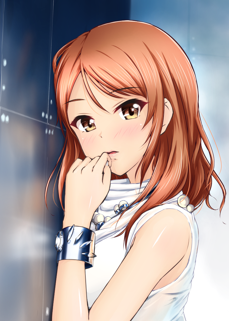 1girl against_wall bangs blush bracelet brown_eyes commentary_request diesel-turbo dress eyebrows_visible_through_hair from_side hand_on_own_face hand_up houjou_karen idolmaster idolmaster_cinderella_girls jewelry long_hair looking_at_viewer looking_to_the_side orange_hair parted_lips pink_lips pom_pom_(clothes) reflection sleeveless sleeveless_dress sleeveless_turtleneck solo swept_bangs turtleneck turtleneck_dress upper_body white_dress