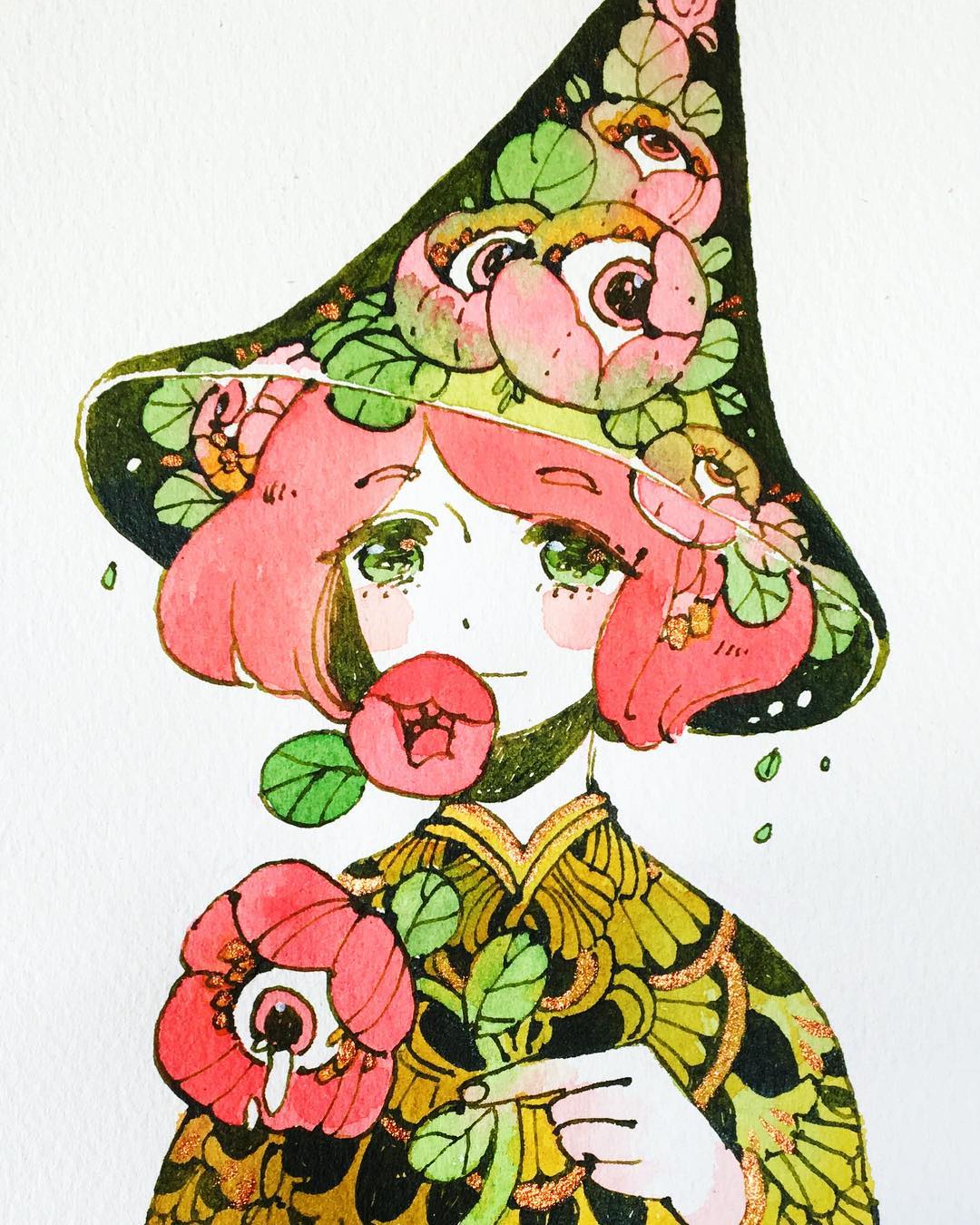 1girl blush eyebrows_visible_through_hair eyes flower flower_on_head green_eyes hat highres holding holding_flower leaf looking_at_viewer maruti_bitamin original pale_skin red_flower redhead short_hair simple_background smile solo tears upper_body white_background witch_hat