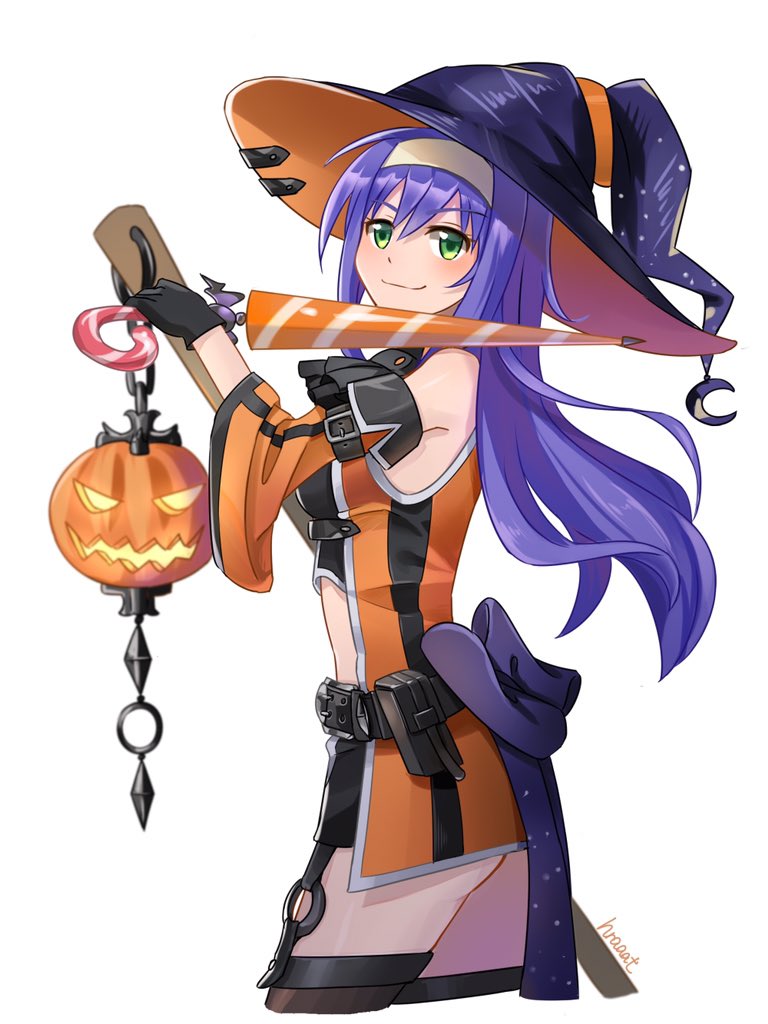 1girl artist_name belt black_gloves blue_hair broom closed_mouth detached_sleeves fire_emblem fire_emblem:_souen_no_kiseki fire_emblem_heroes from_side garter_straps gloves green_eyes halloween_costume hat headband hraaat jack-o'-lantern long_hair looking_to_the_side nintendo simple_background smile solo wayu_(fire_emblem) white_background white_headband witch_hat