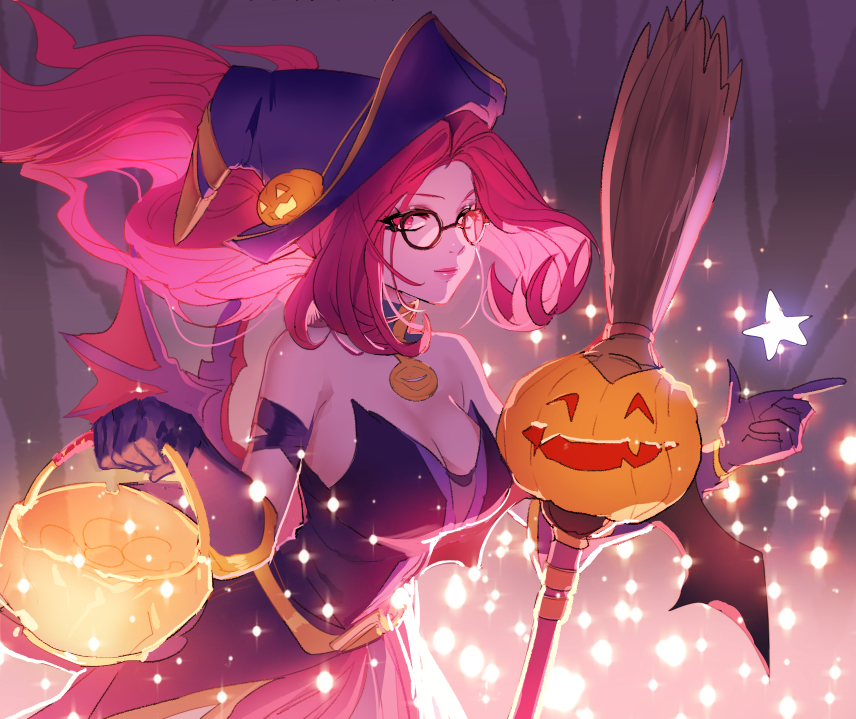 1girl bare_shoulders basket bewitching_janna breasts broom cleavage glasses gloves halloween hat janna_windforce large_breasts league_of_legends long_hair looking_at_viewer pink_eyes pink_hair pumpkin solo staff witch witch_hat zaket07