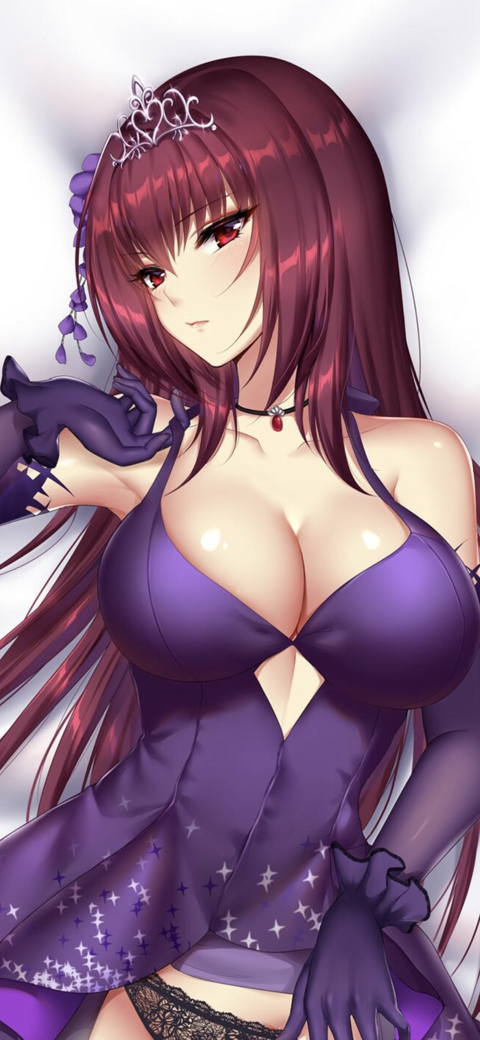 1girl bangs bare_shoulders black_panties blush breasts choker cleavage collarbone dress dress_aside dress_tug elbow_gloves eyebrows_visible_through_hair fate/grand_order fate_(series) flower gloves hair_between_eyes hair_flower hair_ornament highres lace lace_panties large_breasts lingerie long_hair looking_at_viewer lying mallizmora on_back panties purple_dress purple_flower purple_gloves purple_hair red_eyes ruby_(stone) scathach_(fate)_(all) scathach_(fate/grand_order) smile solo tiara underwear very_long_hair