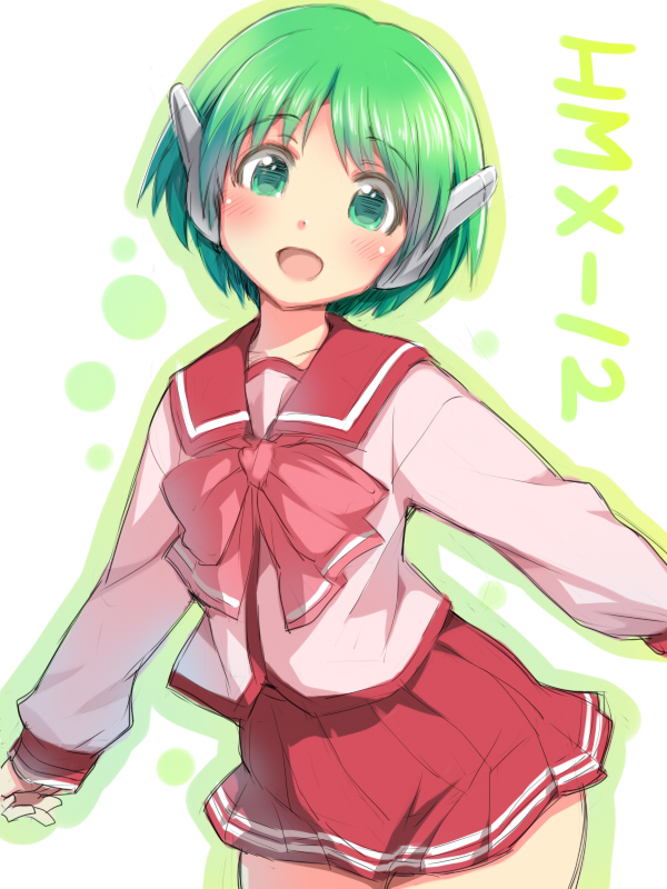 1girl :d blush bow bowtie character_name deyuuku eyebrows_visible_through_hair green_eyes green_hair green_outline long_sleeves looking_at_viewer multi open_mouth pink_neckwear red_sailor_collar red_skirt robot_ears sailor_collar shirt short_hair skirt smile solo to_heart white_background white_shirt