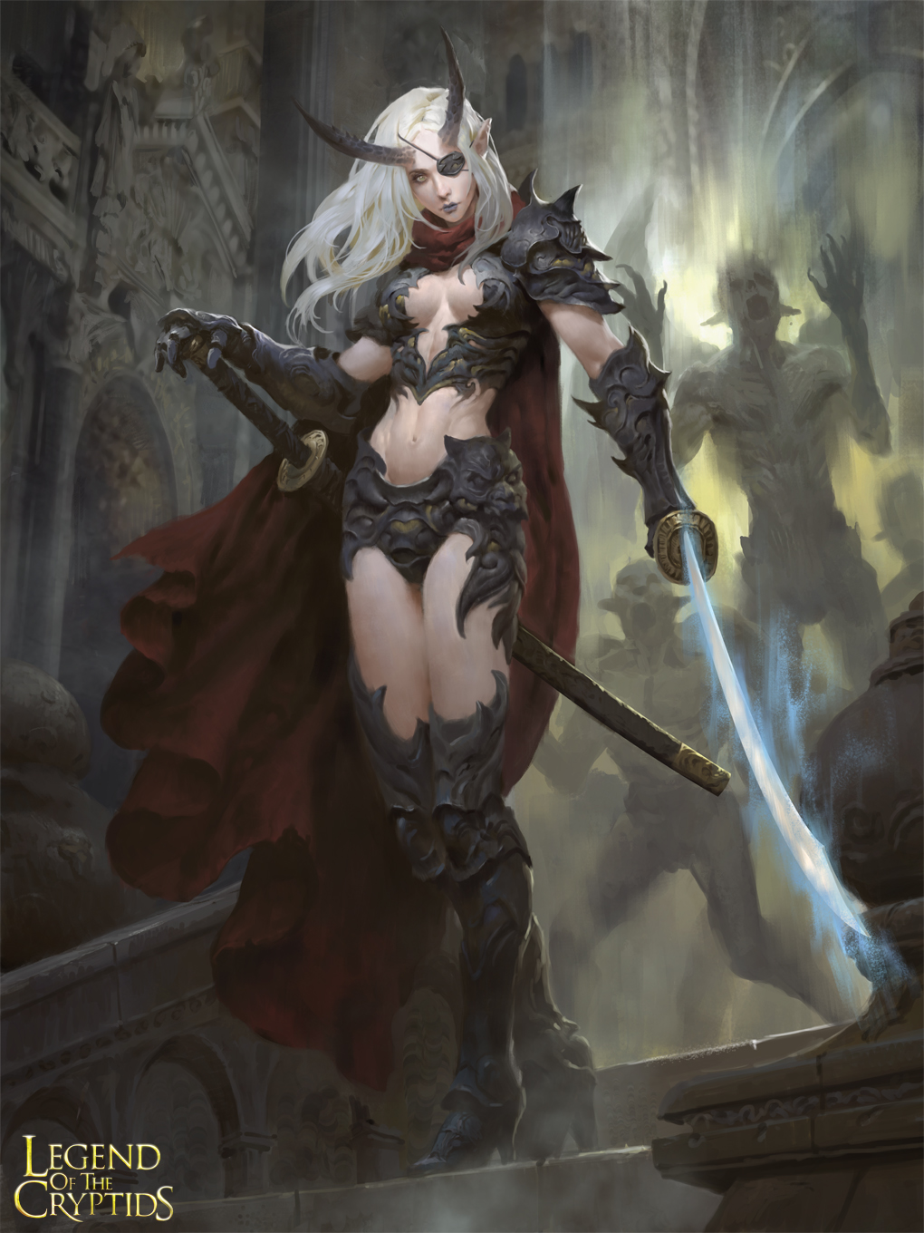 1girl armor armored_boots boots breasts cape center_opening cleavage copyright_name demon eyepatch faceless faceless_male gloves highres horns legend_of_the_cryptids lipstick lius_lasahido makeup midriff navel official_art pointy_ears solo sword weapon white_hair