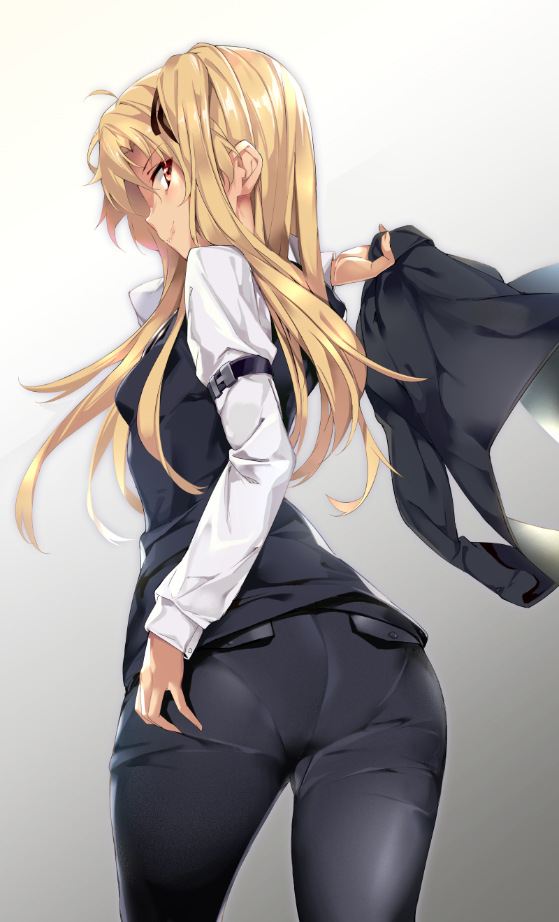 1girl arm_strap ass azur_lane bangs black_jacket black_pants black_vest blonde_hair blush breasts cleveland_(azur_lane) eyebrows_visible_through_hair from_behind hair_between_eyes hand_on_own_ass hidebuu highres jacket jacket_removed long_hair long_sleeves looking_at_viewer looking_back one_side_up pants parted_bangs red_eyes shirt sidelocks small_breasts smile solo very_long_hair vest