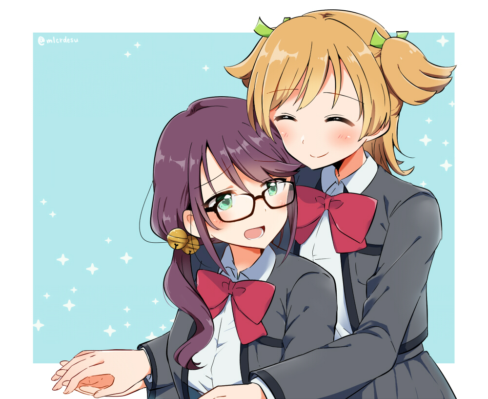 2girls :d ^_^ aqua_background bell black-framed_eyewear blush bow bowtie closed_eyes closed_eyes commentary_request daiba_nana glasses green_eyes green_ribbon hair_bell hair_ornament hair_ribbon hand_holding height_difference hoshimi_junna jacket jingle_bell merukyara multiple_girls open_clothes open_jacket open_mouth purple_hair red_bow red_neckwear ribbon seishou_music_academy_uniform shoujo_kageki_revue_starlight signature smile sparkle_background twitter_username two_side_up yuri