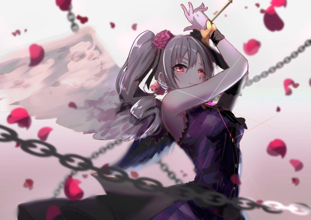 1girl angel_wings arched_back armpits arms_up blurry_foreground chains commentary_request dress drill_hair elbow_gloves fallen_angel flower focused gloves greatpengh hair_flower hair_ornament hair_ribbon idolmaster idolmaster_cinderella_girls kanzaki_ranko light_rays looking_at_viewer petals purple_dress red_eyes ribbon rose_petals rosenburg_engel silver_hair smile solo twin_drills wand wings wrist_ribbon wristband