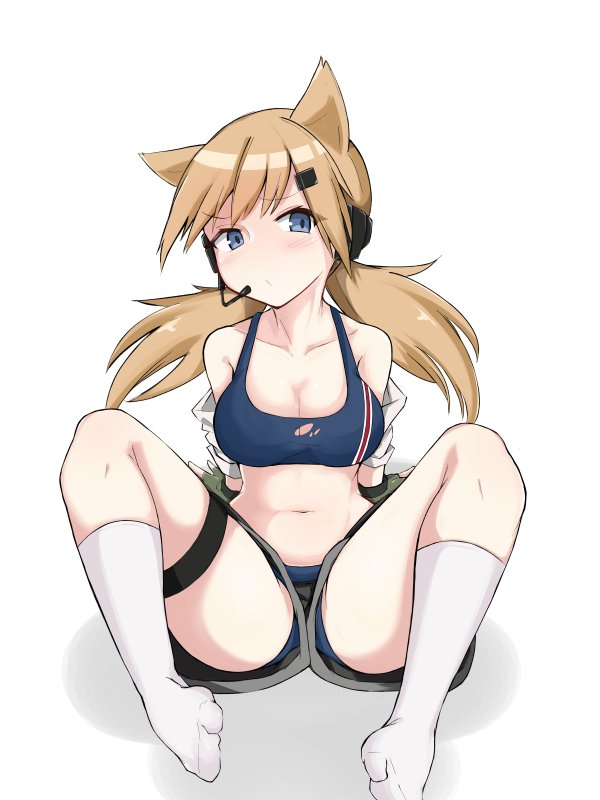 1girl animal_ears blonde_hair blue_eyes blue_panties blush breasts cat_ears collarbone girls_frontline headset idw_(girls_frontline) kumasteam legband long_hair looking_at_viewer low_twintails medium_breasts navel panties shorts simple_background sitting solo spread_legs torn_clothes twintails underwear white_background