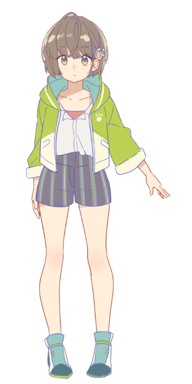 1girl aqua_footwear bare_legs body_blush booota brown_eyes brown_hair brown_shorts collarbone expressionless eyebrows_visible_through_hair eyes_visible_through_hair fish_hair_ornament footwear_request gradient_eyes green_footwear green_jacket hair_ornament himote_house himote_kokoro hood hooded_jacket jacket legs_apart looking_at_viewer multicolored multicolored_eyes multicolored_footwear official_art open_hands paw_print pigeon-toed pink_shirt print_jacket shiny shiny_hair shirt shirt_tucked_in short_hair short_shorts shorts solo standing striped transparent_background vertical-striped_shorts vertical_stripes white_footwear white_shirt yellow_eyes