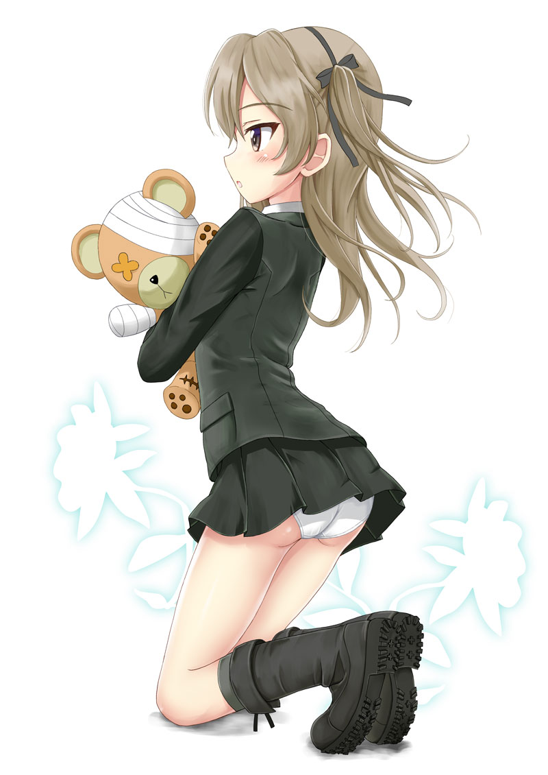 1girl ass bandage bandaged_head bandages bangs black_bow black_footwear black_hairband blush boko_(girls_und_panzer) boots bow brown_hair commentary_request eyebrows_visible_through_hair flipper full_body girls_und_panzer green_jacket green_legwear green_skirt hair_between_eyes hair_bow hairband jacket knee_boots kneehighs kneeling light_brown_hair long_hair looking_away military military_uniform object_hug one_side_up pleated_skirt profile selection_university_military_uniform shimada_arisu skirt solo stuffed_animal stuffed_toy teddy_bear uniform white_background