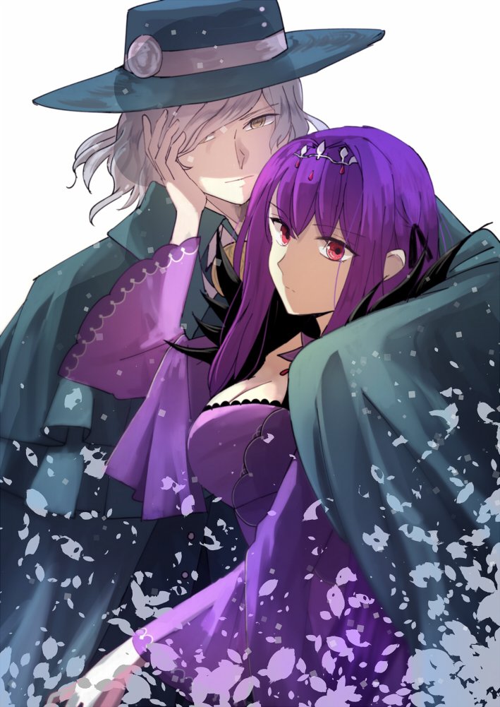 1boy 1girl black_cloak breasts cleavage cloak dress edmond_dantes_(fate/grand_order) eyebrows_visible_through_hair fate/grand_order fate_(series) fedora fur_trim hair_between_eyes hair_over_one_eye hand_on_another's_face hat jewelry large_breasts long_hair looking_at_viewer petals purple_dress purple_hair red_eyes scathach_(fate)_(all) scathach_skadi_(fate/grand_order) tiara tsengyun wavy_hair white_background white_hair yellow_eyes
