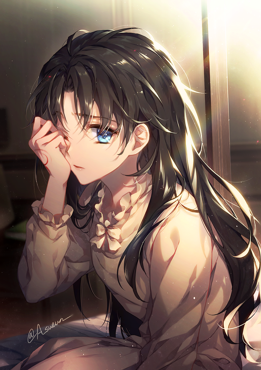 1girl arm_up bangs bed_sheet black_hair blue_eyes blurry blurry_background chair closed_mouth commentary_request depth_of_field eyebrows_visible_through_hair fate/stay_night fate_(series) hair_between_eyes highres indoors long_hair long_sleeves looking_at_viewer one_eye_closed pajamas puffy_long_sleeves puffy_sleeves rubbing_eyes solo tohsaka_rin twitter_username very_long_hair zelovel