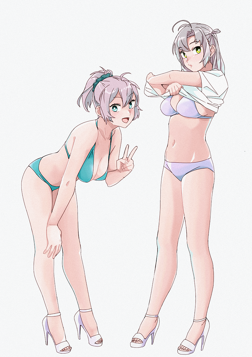 2girls aoba_(kantai_collection) aqua_bikini bikini blue_eyes breasts cleavage commentary_request film_grain full_body grey_background grey_hair hair_tie hand_on_own_knee high_heels kantai_collection kinugasa_(kantai_collection) lavender_bikini looking_at_viewer medium_breasts multiple_girls ojipon open_toe_shoes ponytail purple_hair remodel_(kantai_collection) scrunchie short_hair side_ponytail simple_background solo standing strappy_heels swimsuit undressing v yellow_eyes