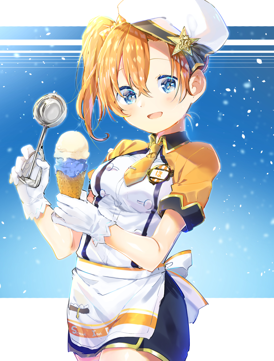 1girl :d alternate_hairstyle apron bangs beret blue_background blue_eyes blue_skirt bow clothes_writing double-breasted double_scoop food gloves hair_bow hat ice_cream ice_cream_cone ice_cream_scoop kousaka_honoka looking_at_viewer love_live! love_live!_school_idol_festival love_live!_school_idol_project miniskirt name_tag necktie open_mouth orange_hair orange_neckwear petals pop_(pochige) short_sleeves side_ponytail skirt smile solo star_hat_ornament tie_clip waist_apron white_gloves white_hat