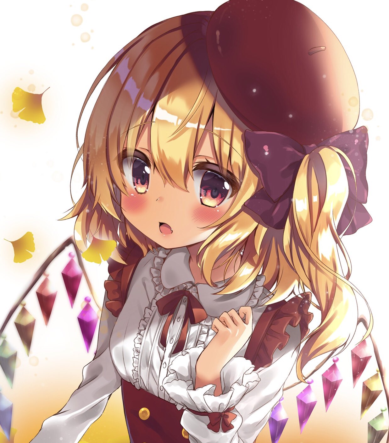 1girl bangs beret blonde_hair blush bow brown_background brown_bow center_frills collared_shirt commentary_request crystal eyebrows_visible_through_hair fang flandre_scarlet frilled_shirt_collar frills ginkgo ginkgo_leaf gradient gradient_background hair_between_eyes hair_bow hand_up hat highres honoka_(1399871) long_hair long_sleeves neck_ribbon one_side_up open_mouth red_bow red_eyes red_hat red_ribbon ribbon shirt solo tilted_headwear touhou underbust upper_body white_background white_shirt wide_sleeves wings