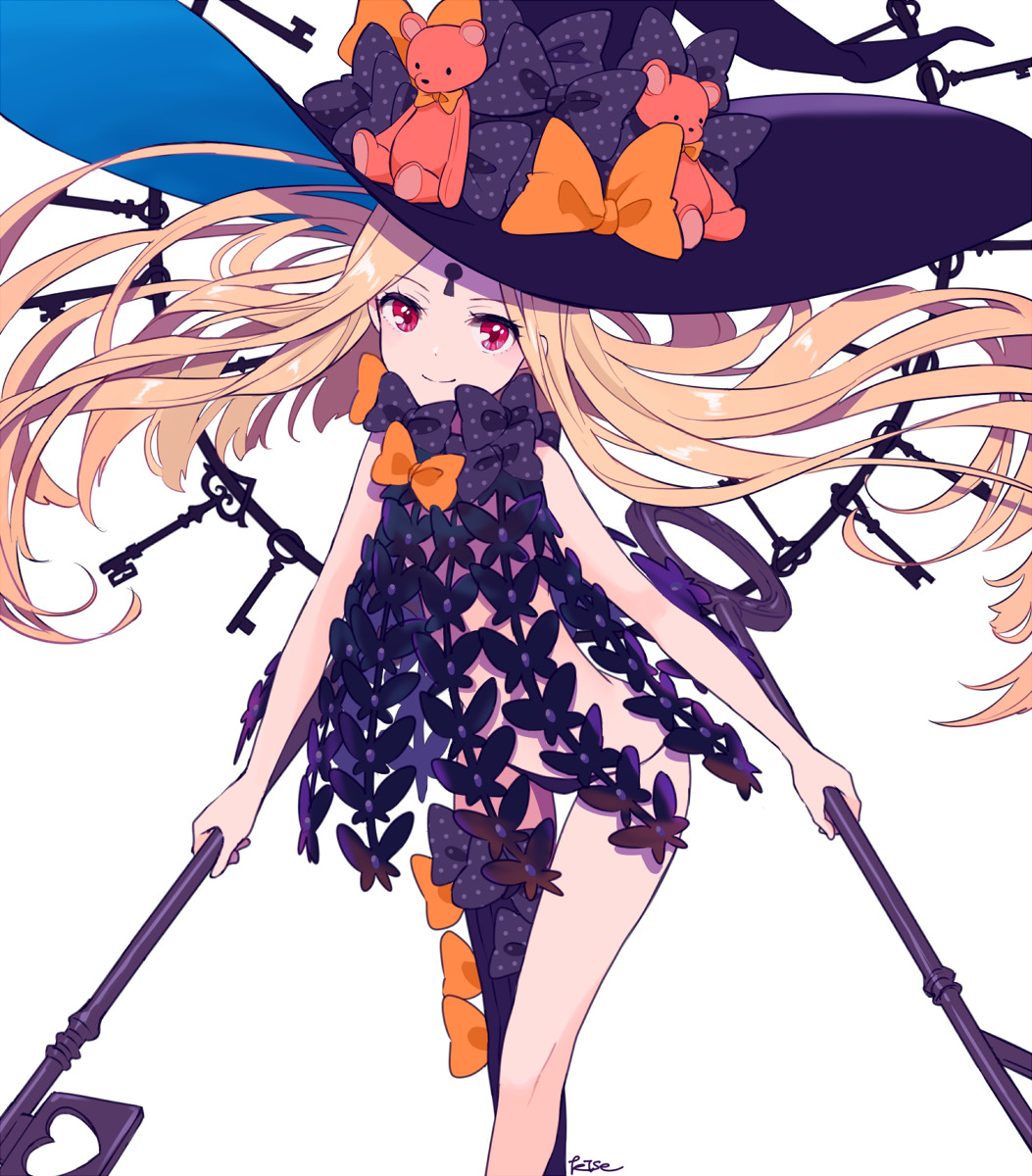 1girl abigail_williams_(fate/grand_order) asymmetrical_legwear bangs black_bow black_hat black_legwear black_panties blonde_hair bow closed_mouth commentary_request eyebrows_visible_through_hair fate/grand_order fate_(series) feet_out_of_frame hat hat_bow head_tilt highres holding holding_key key keyhole kise_(swimmt) long_hair orange_bow oversized_object panties parted_bangs red_eyes revealing_clothes signature simple_background single_thighhigh smile solo stuffed_animal stuffed_toy teddy_bear thigh-highs topless underwear very_long_hair white_background witch_hat