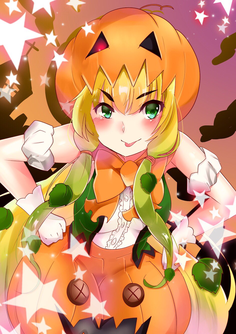 1girl :p bare_shoulders blonde_hair blush bow bowtie center_frills commentary_request cowboy_shot eyebrows_visible_through_hair gloves green_eyes hands_on_hips hat highres jack-o'-lantern jack-o'-lantern_(kemono_friends) jdjkrr kemono_friends long_hair pumpkin skirt sleeveless solo sparkle star tongue tongue_out twintails vest