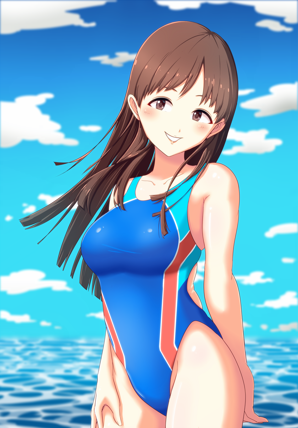 1girl arm_behind_back blue_sky blue_swimsuit brown_eyes brown_hair clouds competition_swimsuit cowboy_shot day highres idolmaster idolmaster_cinderella_girls long_hair looking_at_viewer nitta_minami one-piece_swimsuit outdoors parted_lips sky smile solo swimsuit tabira_(kpiclike)