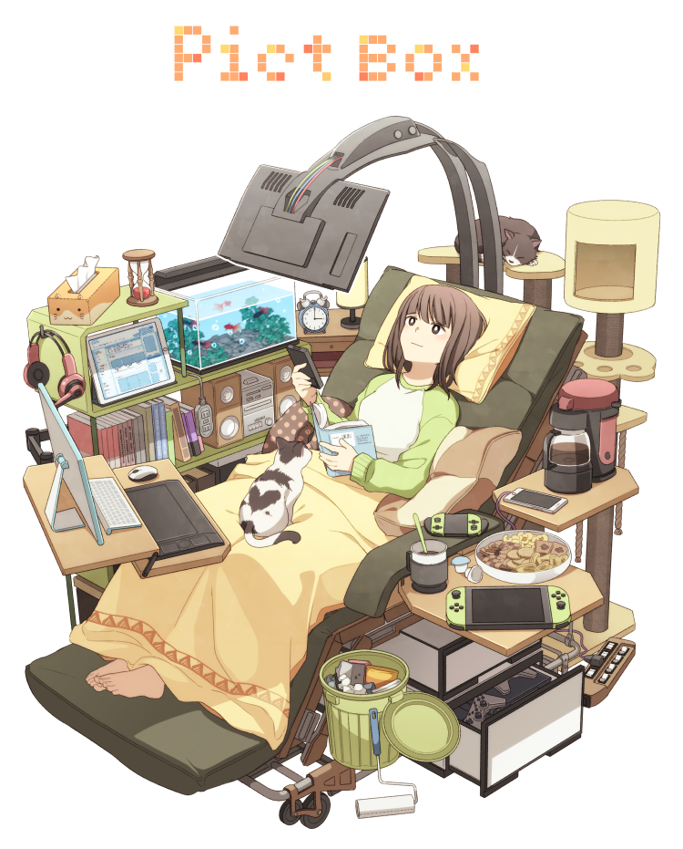 1girl alarm_clock aquarium barefoot biscuit book brown_hair cat cellphone clock coffee_maker_(object) controller drawing_tablet food headset hourglass itou_(mogura) keyboard_(computer) lamp monitor mouse_(computer) multiple_cats nintendo_switch original phone pillow recliner reclining remote_control smartphone television tissue_box trash_can white_background