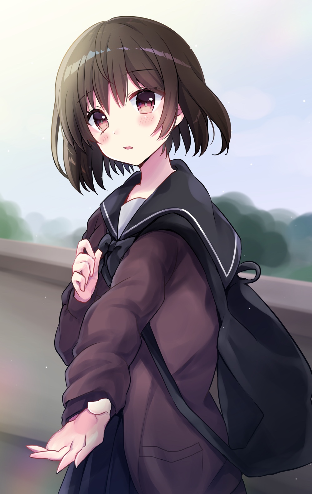 1girl backpack bag bangs black_neckwear black_sailor_collar blue_skirt blue_sky blush bow bowtie brown_eyes brown_hair brown_sweater commentary_request day eyebrows_visible_through_hair hair_between_eyes hand_up head_tilt highres minami_saki original outdoors outstretched_arm parted_lips pleated_skirt sailor_collar school_uniform serafuku short_hair skirt sky solo sweater
