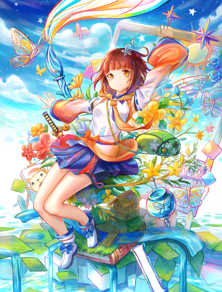 1girl bag blue_bow blue_skirt blush book boots bow breasts bridge brown_eyes brown_hair bug butterfly closed_mouth day eyebrows_visible_through_hair flower full_body hair_flower hair_ornament handbag house insect kutsunohito looking_at_viewer medium_breasts orange_bow original outdoors paintbrush river short_hair skirt smile solo white_footwear wind_chime