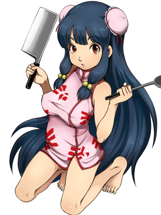 1girl bangs bare_legs barefoot bell black_hair breasts china_dress chinese_clothes double_bun dress e10 erect_nipples eyebrows_visible_through_hair full_body hair_bell hair_ornament kneeling knife ladel long_hair looking_at_viewer medium_breasts open_mouth ranma_1/2 red_eyes shampoo_(ranma_1/2) side_locks solo very_long_hair