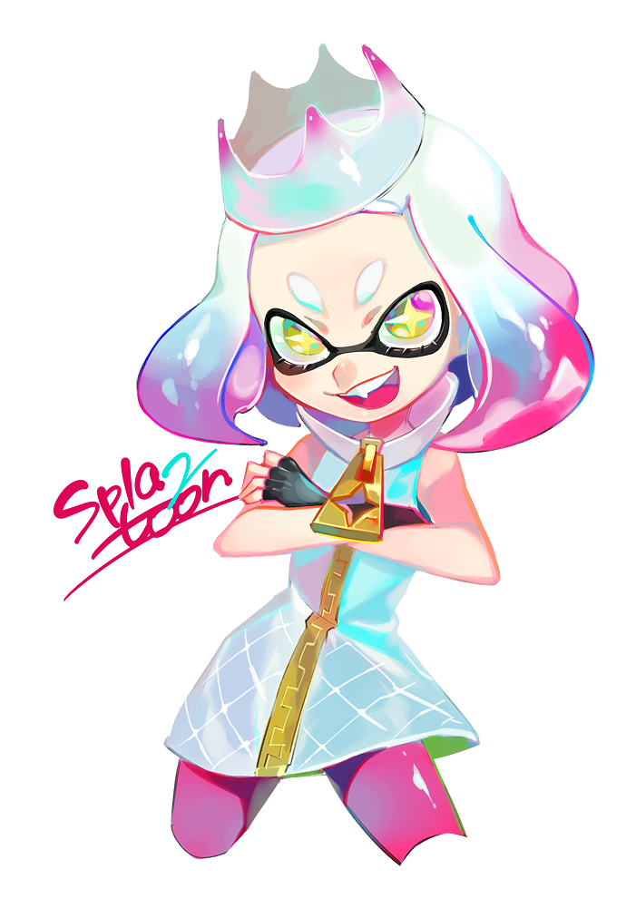 +_+ 1girl :d bare_shoulders black_gloves cropped_legs crossed_arms domino_mask dress fingerless_gloves gloves hime_(splatoon) mask multicolored_hair nintendo o_(maru14mori) open_mouth pantyhose pink_hair pink_legwear short_hair simple_background sleeveless sleeveless_dress smile solo splatoon splatoon_2 symbol-shaped_pupils teeth tentacle_hair two-tone_hair white_background white_dress white_hair yellow_eyes zipper