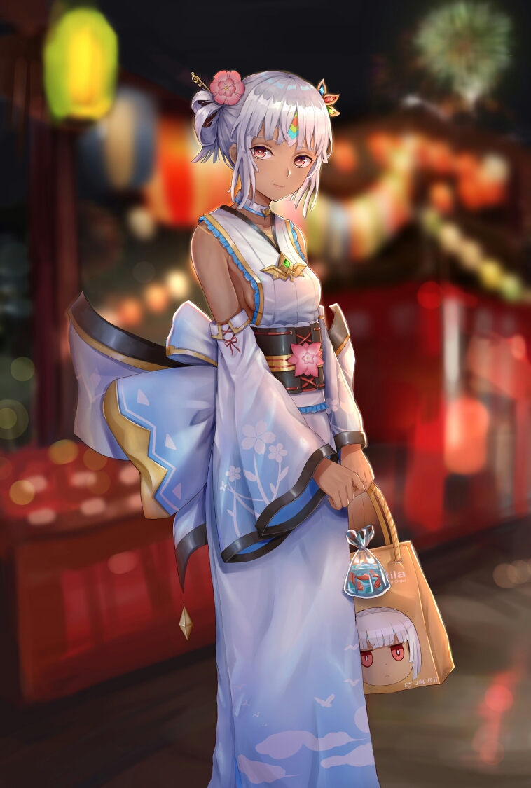 1girl altera_(fate) alternate_costume alternate_hairstyle bag bagged_fish bare_shoulders blue_bow blurry blurry_background blush bow breasts bright_pupils choker closed_mouth collarbone dark_skin dated depth_of_field detached_sleeves fate/grand_order fate_(series) feet_out_of_frame festival fireworks fish floral_print flower forehead_protector frilled_kimono frills hair_flower hair_ornament hair_rings hokori_sakuni japanese_clothes kimono lantern large_bow long_sleeves looking_at_viewer night night_sky obi outdoors pink_flower print_sleeves red_eyes sash shop sideboob sidelocks sky small_breasts smile solo standing symbol_commentary water white_choker white_kimono wide_sleeves