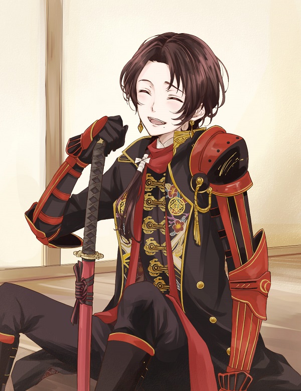 1boy ^_^ armor black_gloves brown_hair closed_eyes closed_eyes coat earrings gloves japanese_armor jewelry kashuu_kiyomitsu katana kiwame_(touken_ranbu) male_focus mole mole_under_mouth open_mouth ponytail scarf sheath sheathed sitting smile sword touken_ranbu weapon yamazaki_mitsuko