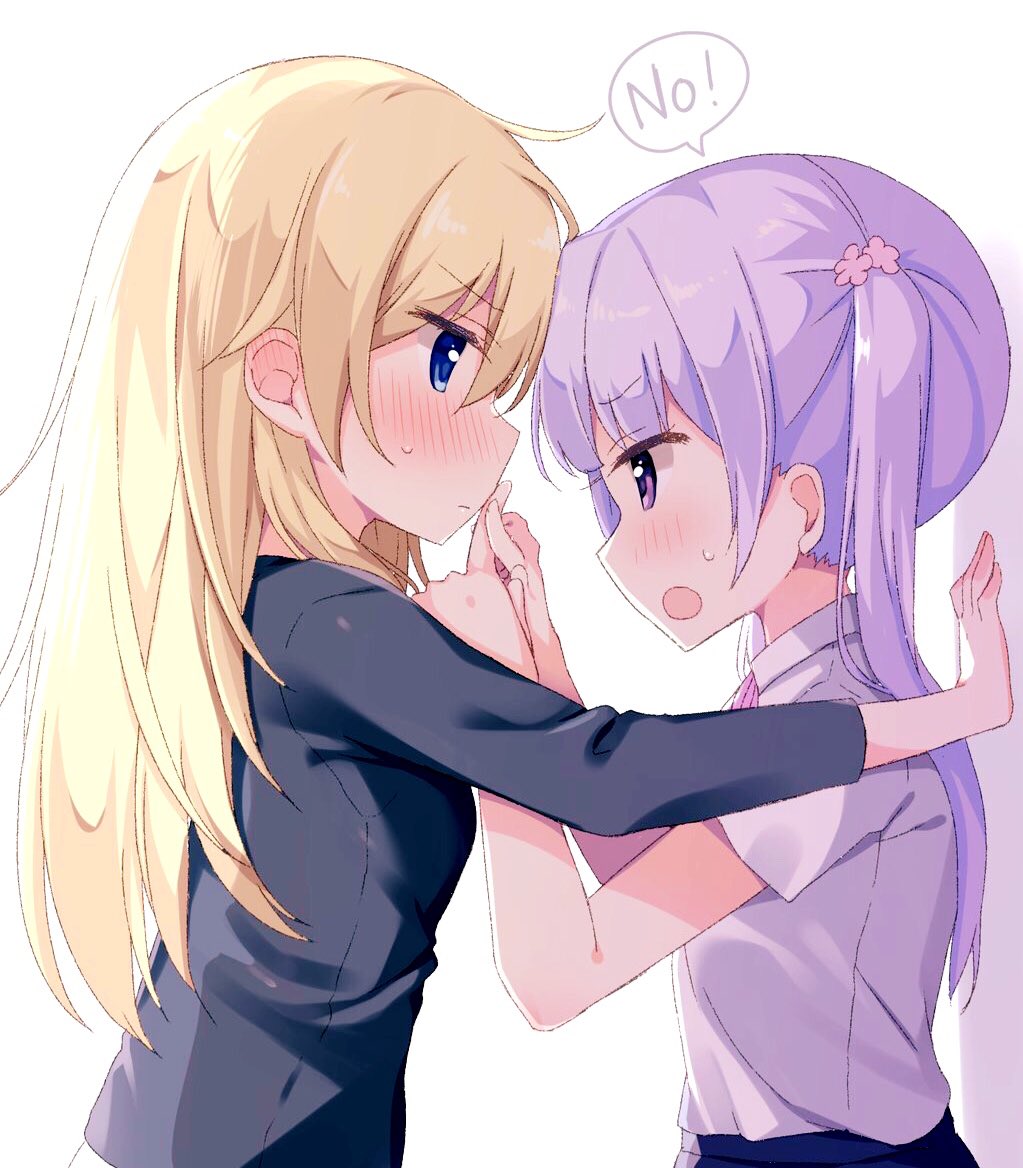 2girls bangs black_shirt blonde_hair blue_eyes blunt_bangs blush finger_to_another's_mouth flower hair_between_eyes hair_flower hair_ornament hisagi_(puchimaple) long_hair looking_at_another multiple_girls new_game! open_mouth profile purple_hair shirt simple_background suzukaze_aoba twintails violet_eyes wall_slam white_background yagami_kou yuri