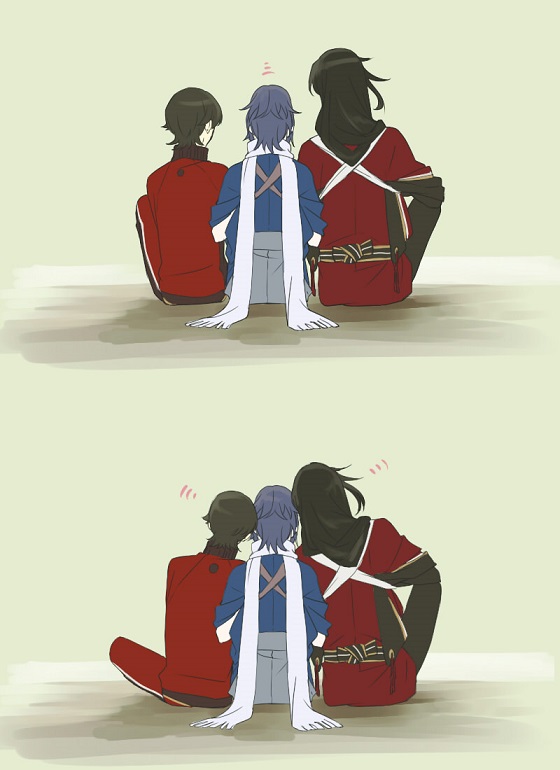 3boys black_hair boy_sandwich from_behind horikawa_kunihiro izumi-no-kami_kanesada japanese_clothes male_focus multiple_boys ponytail sandwiched scarf sitting touken_ranbu track_suit yamato-no-kami_yasusada yamazaki_mitsuko