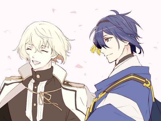 2boys ^_^ blonde_hair blue_eyes blue_hair closed_eyes closed_eyes higekiri_(touken_ranbu) jacket_on_shoulders japanese_clothes male_focus mikazuki_munechika multiple_boys open_mouth petals smile touken_ranbu upper_body yamazaki_mitsuko