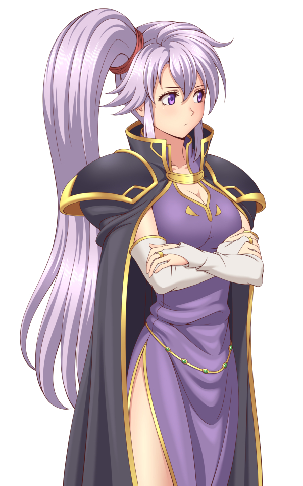 1girl breasts cape cleavage cowboy_shot crossed_arms dress elbow_gloves expressionless fire_emblem fire_emblem:_seisen_no_keifu gloves ishtar_(fire_emblem) lavender_hair long_hair medium_breasts nintendo purple_dress rere_(yusuke) side_ponytail side_slit simple_background solo standing violet_eyes white_background white_gloves