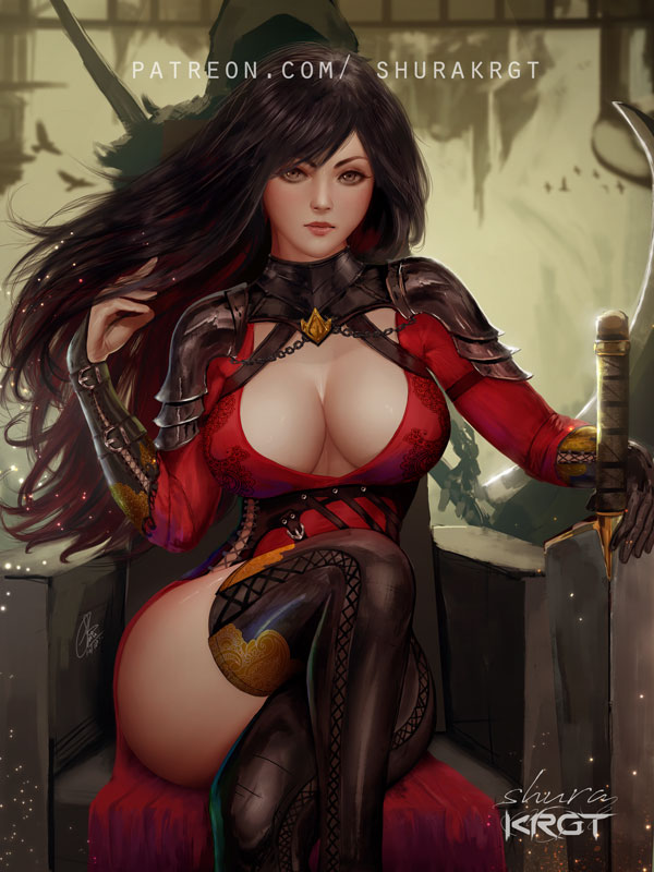 1girl armor artist_name bangs black_hair breasts chains chair cleavage closed_mouth commission dress facing_viewer gloves hands_in_hair holding holding_sword holding_weapon large_breasts legs_crossed long_hair looking_at_viewer original pauldrons red_dress shoulder_armor shurakrgt single_glove sword thigh-highs thighs weapon yellow_eyes