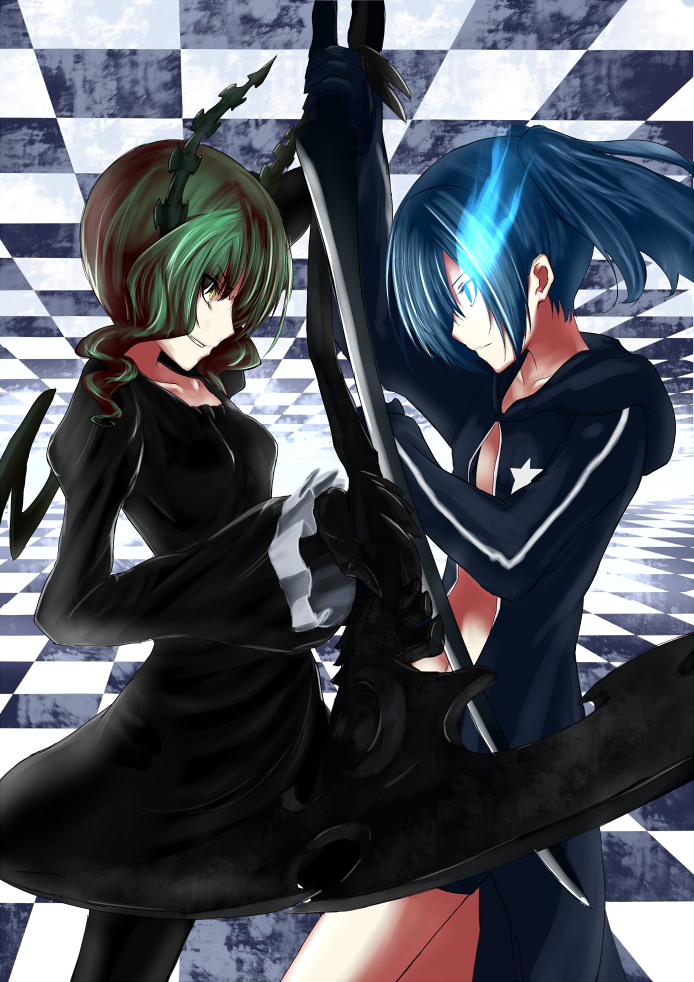 2girls black_bikini_top black_dress black_legwear black_rock_shooter black_rock_shooter_(character) blue_fire blue_hair breasts burning_eye checkered checkered_ceiling checkered_floor clash claws coat commentary_request dead_master demon_horns dress face-to-face fighting fire flower gauntlets gloves green_eyes grin hooded_coat horns jacket multiple_girls nina_(ninageya) open_clothes open_coat pantyhose scythe short_hair_with_long_locks shorts small_breasts smile star sword track_jacket twintails wavy_hair weapon