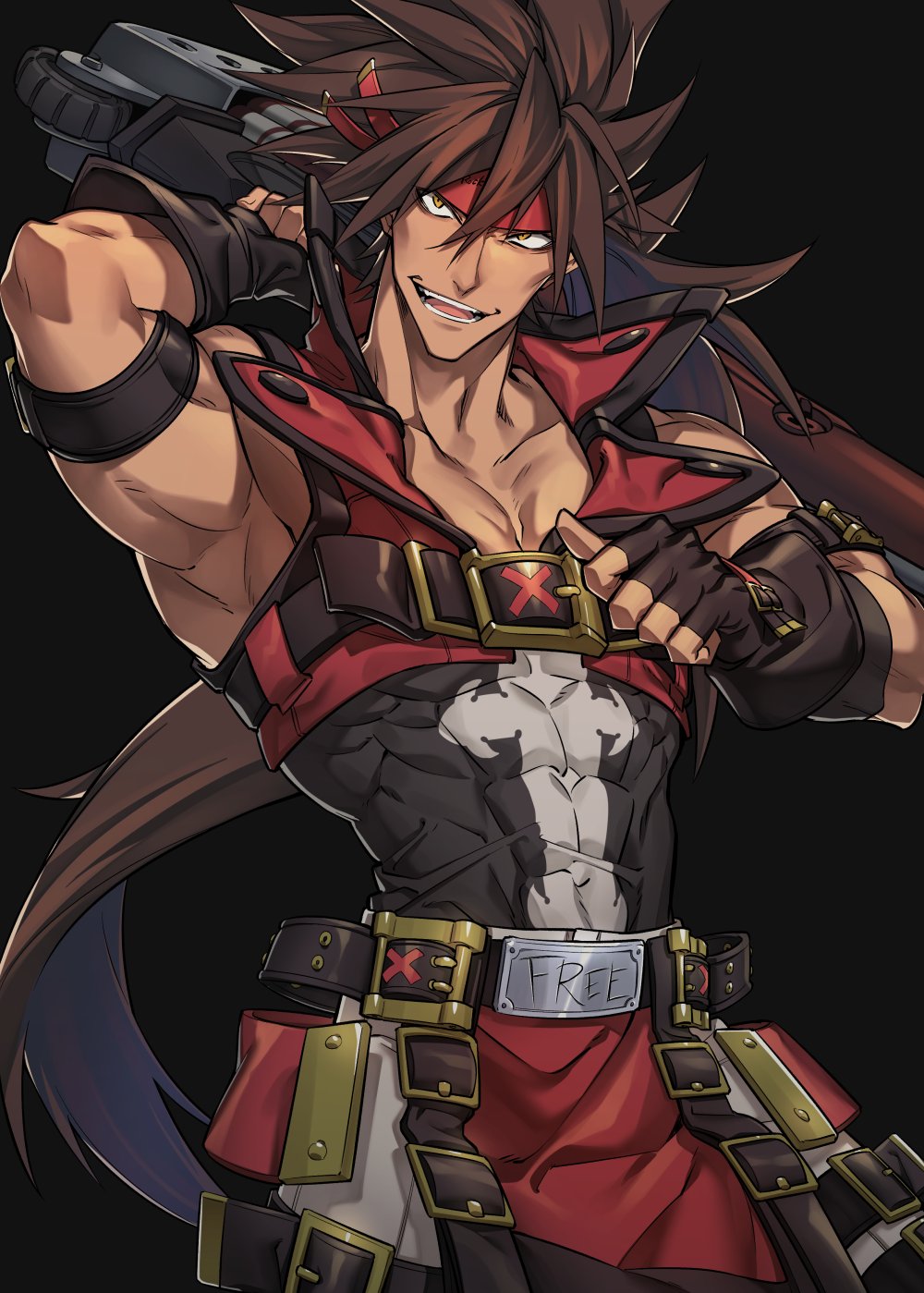 1boy armband belt belt_buckle brown_hair buckle gloves guilty_gear headband highres holding holding_weapon long_hair muscle pointing pointing_at_self sol_badguy solo weapon westxost_(68monkey) yellow_eyes