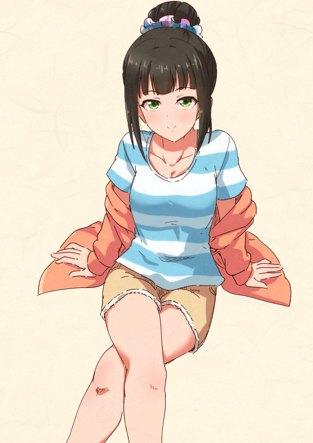 1girl black_hair casual collarbone commentary eyebrows_visible_through_hair fur_trim green_eyes hair_bun hamaguchi_ayame idolmaster idolmaster_cinderella_girls jacket jacket_removed legs_crossed looking_at_viewer orange_jacket scrunchie shirt shorts sidelocks simple_background sitting smile solo striped striped_shirt susutaketakumi t-shirt yellow_background