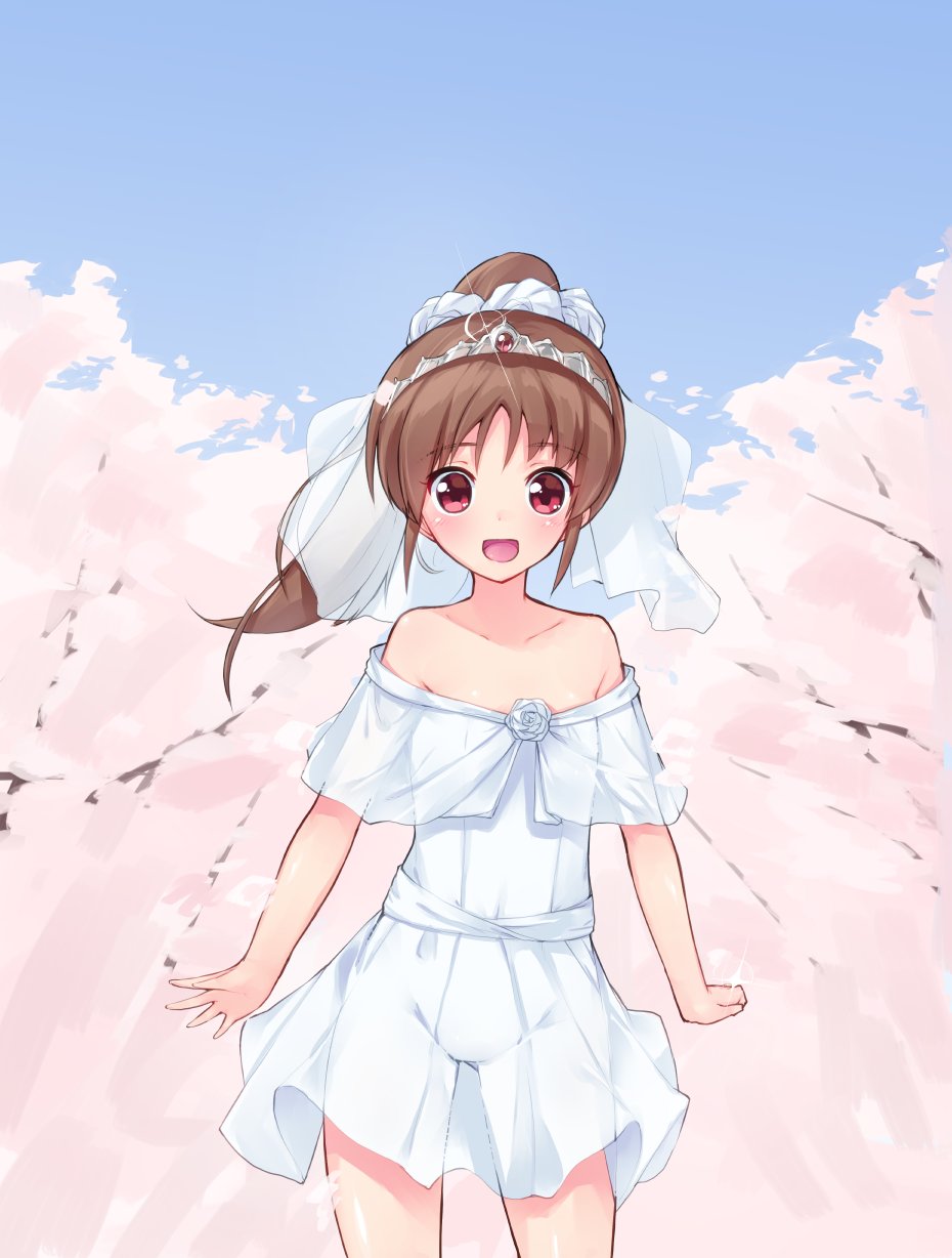 1girl :d bangs blue_sky bridal_veil brown_hair cherry_blossoms commentary_request cowboy_shot day debutya_aki dress eyebrows_visible_through_hair flat_chest flower gluteal_fold groin happy highres jewelry long_hair looking_at_viewer navel no_panties off-shoulder_dress off_shoulder open_mouth outdoors ponytail red_eyes ring rose saki saki_achiga-hen see-through short_dress sky smile solo sparkle standing takakamo_shizuno tiara tree veil wedding_band wedding_dress white_dress white_flower white_rose
