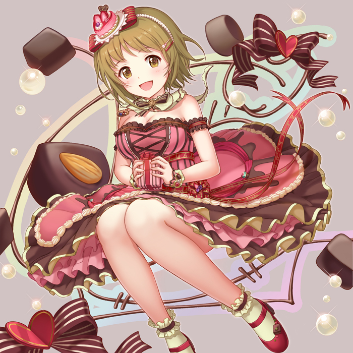 1girl blush breasts brown_eyes brown_hair cake_hair_ornament chocolate cleavage dress food food_themed_hair_ornament hair_ornament heart idol idolmaster idolmaster_cinderella_girls idolmaster_cinderella_girls_starlight_stage knees_together_feet_apart large_breasts looking_at_viewer mimura_kanako moai_(aoh) open_mouth ribbon short_hair smile solo