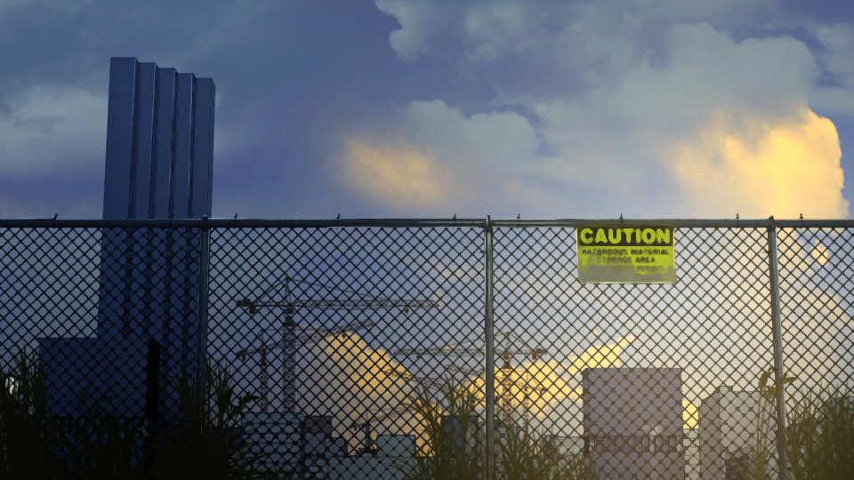 building building_block clouds cloudy_sky construction_site fence gjrzbaos grass no_humans original scenery sign sky warning_sign