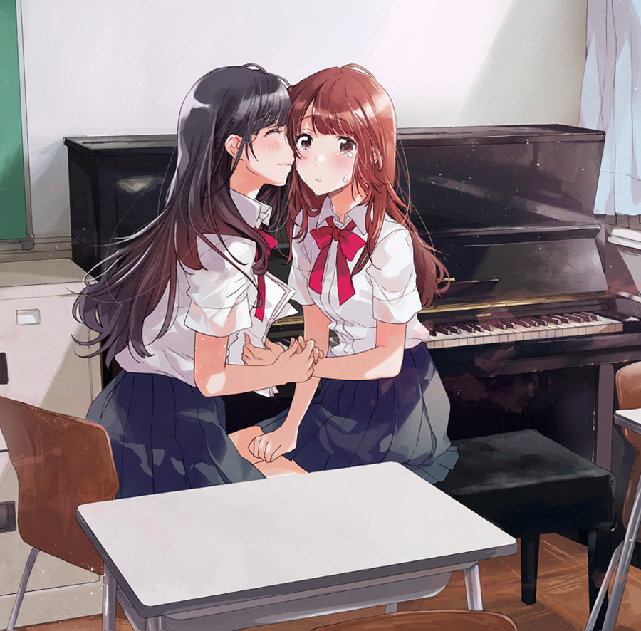 2girls ^_^ arm_holding bangs black_hair black_skirt blush brown_hair chair cheek_kiss classroom closed_eyes closed_eyes collared_shirt crying crying_with_eyes_open curtains desk dress_shirt file_cabinet fly_(marguerite) from_side hand_on_lap indoors instrument kiss long_hair multiple_girls original paper piano piano_bench pleated_skirt school_chair school_desk school_uniform shirt short_sleeves sitting skirt tears upright_piano white_shirt yuri