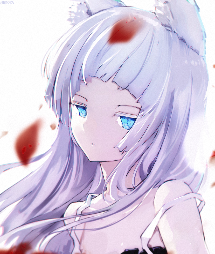 1girl animal_ear_fluff animal_ears artist_name awp_(girls_frontline) bangs bare_shoulders blue_eyes blurry blurry_foreground cat_ears colored_eyelashes depth_of_field dyolf girls_frontline head_tilt long_hair looking_at_viewer original parted_lips petals signature silver_hair simple_background solo strap_slip upper_body white_background