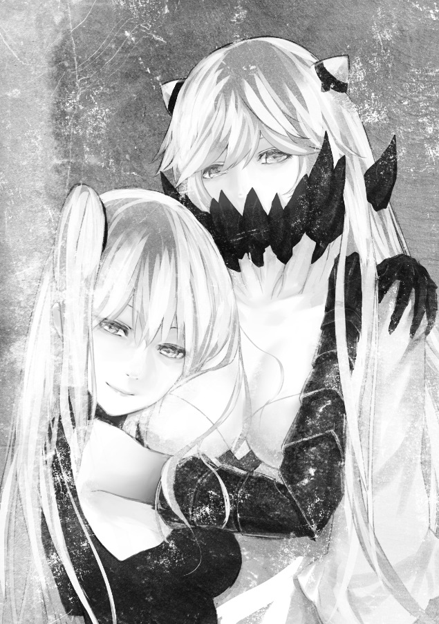 aircraft_carrier_oni armor breasts cleavage closed_mouth dress face_to_breasts gauntlets head_on_chest horns hug kantai_collection lips long_hair looking_at_viewer midway_hime monochrome nina_(ninageya) photo_(object) shinkaisei-kan side_ponytail sleeveless sleeveless_dress upper_body vambraces white_dress white_hair